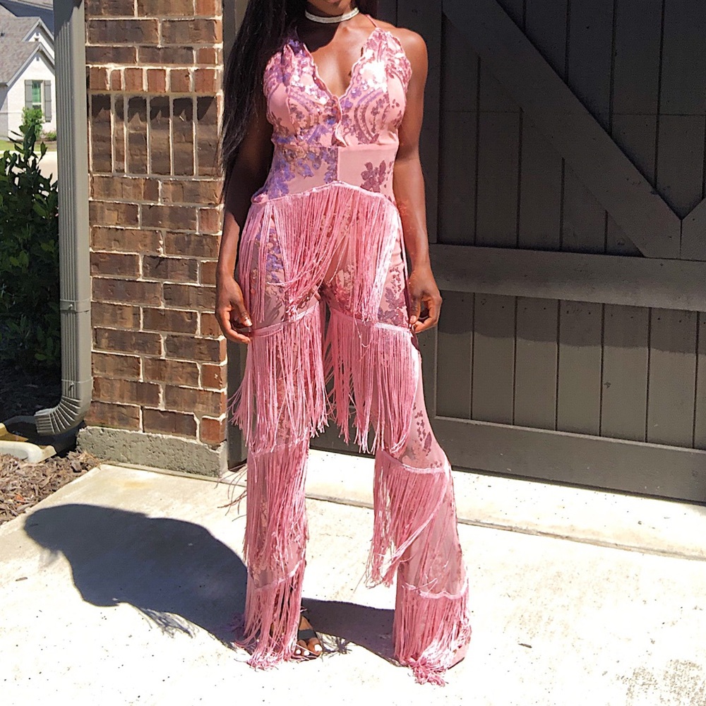 Pink Fringe Tassel Sequence Jumpsuit Romper